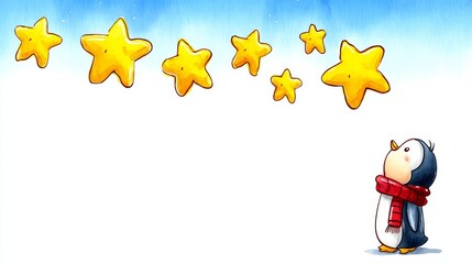 Fototapeta premium Watercolor Penguin Gazing at Stars - A cute penguin, wearing a warm scarf, looks up in wonder at a cluster of golden stars against a light blue watercolor sky. Symbolizing: hope, dreams, wonder