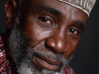 Elderly man with a textured cap and expressive eyes gazes thoughtfully. His face shows deep character lines, white beard contrasting against his dark skin, wearing a red patterned garment