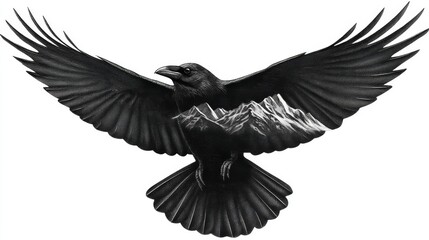 Obraz premium Watercolor Raven Soaring Over Mountains - A majestic raven in flight, its wings encompassing a scenic mountain range. Symbolizing freedom, mystery, wisdom, power, and the journey of life