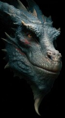 Close-up portrait of a mythical blue dragon's head.