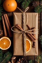 Wrapped Gift with Orange and Cinnamon Sticks on Rustic Wooden Surface