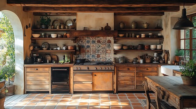 Clay tile flooring kitchen with wood cabinets high resolution picture