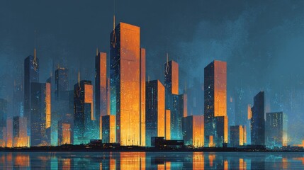 Futuristic city skyline at twilight, reflected in water.