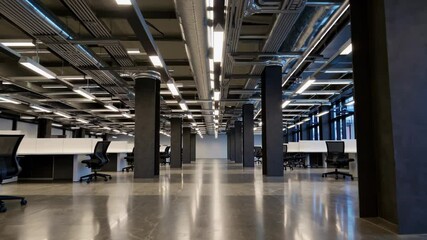 Modern industrial dining hall with long dark tables, black chairs, and hanging pendant lights over a tiled floor

 - Powered by Adobe