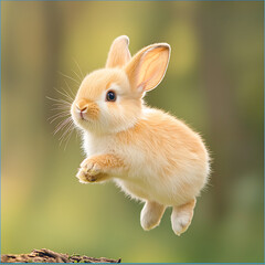 Fototapeta premium Cute Bunny Leaping with Spring Meadow.