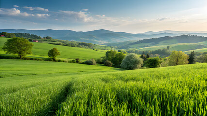 Fototapeta premium lush verdant green grass field tranquil peaceful