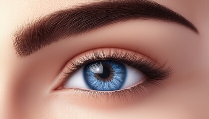 Obraz premium Stunning Close-Up Of A Gorgeous Blue Female Eye With Long Lashes, Flawless Skin. Enhancing Eyelash Extensions, Trendy Brows, And Eye Care. Contact Lens Use For Optimal Vision And Health.