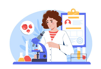Female scientist analyzing red blood cells using a microscope, surrounded by lab equipment and test tubes, in flat cartoon style on a white background. Concept of medical research. Vector illustration