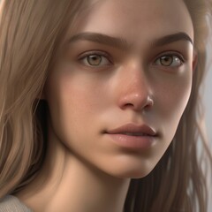 Fototapeta premium A highly detailed, hyper-realistic close-up portrait of an AI-generated human face. This digital artwork features lifelike skin textures, expressive eyes, and natural lighting.