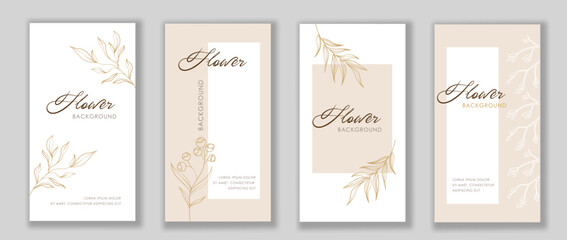 Set of four elegant vertical cards with minimalist floral line art in gold on soft beige and white backgrounds, ideal for botanical themes. Vector illustration © Rudzhan