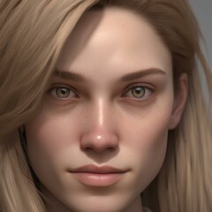 Obraz premium A highly detailed, hyper-realistic close-up portrait of an AI-generated human face. This digital artwork features lifelike skin textures, expressive eyes, and natural lighting.