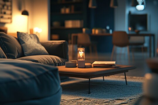 Cozy living room illuminated by soft lamp light.  Modern, comfortable furniture, warm tones, and inviting atmosphere