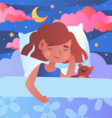 A young girl sleeping with a teddy bear under a blanket, dreamy night sky with stars, moon, and clouds in the background. Concept of peaceful sleep. Vector illustration