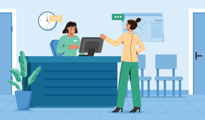 Woman talking to receptionist at front desk, flat graphic style, indoor clinic background with chairs and clock, concept of customer service. Vector illustration