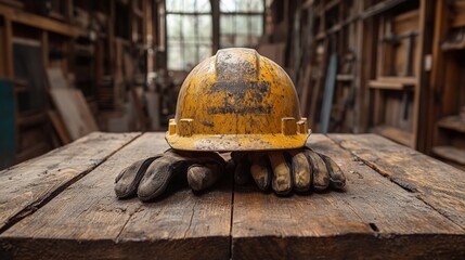 A worn yellow hard hat resting on a rustic wooden table, surrounded by a workshop setting