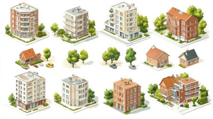 Collection of isometric building illustrations featuring various architectural styles