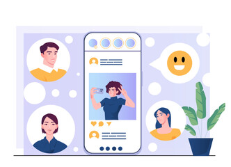 Smartphone screen showing a social media post with user avatars around it, flat graphic style, purple background, concept of digital interaction. Vector illustration