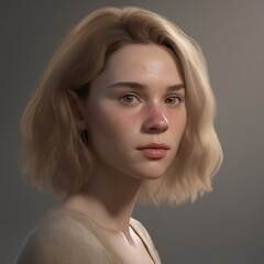 Naklejka premium A highly detailed, hyper-realistic close-up portrait of an AI-generated human face. This digital artwork features lifelike skin textures, expressive eyes, and natural lighting.