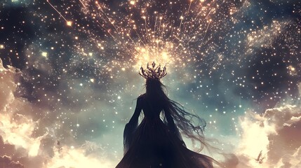 Celestial Queen in Dreamscape: The ethereal silhouette of a regal queen, crowned and cloaked, stands majestically against a backdrop of swirling stars and celestial wonders.