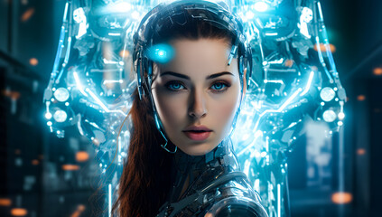 Futuristic female cyborg portrait with intricate cybernetic details and glowing elements. AI, robotics, and advanced technology concept for a sci-fi vision. Cyborg 4K Wallpaper backgrounds