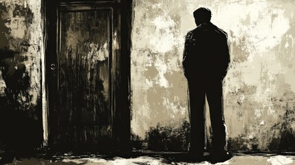 A solitary figure stands against a textured wall, contemplating a closed door in shadowy light
