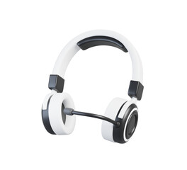3d headphones with microphone for call center support service, video conference, gaming or streaming render. Music dj headset, black and white wireless earphones for radio podcast