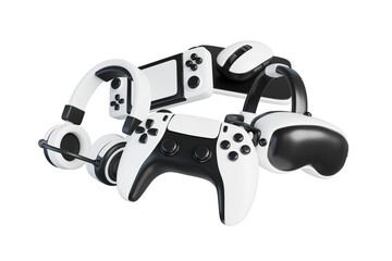 3d video games on blue background. Flying joystick, vr glasses, headphones, game console and computer mouse. Realistic render of electronic gamer gadgets, digital technology banner © marozhkastudio