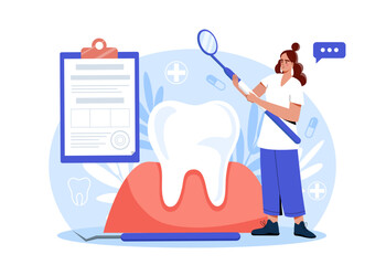 A female dentist examines a large tooth model using a dental mirror, with dental tools and a clipboard on a blue abstract background. Concept of dental care. Vector illustration