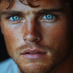 Fototapeta premium Handsome Male Portrait: Close-Up Blue Eyes, Freckles, Natural Light