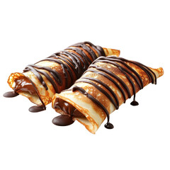Delicious chocolate drizzled filled crepes presented on a white background, Chocolate drizzled, filled crepes isolated on white background