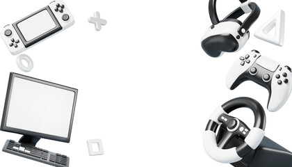 Video games 3d blue background with joystick, portable console, vr glasses, computer, gamer keyboard, steering wheel render. Tech banner with realistic electronic joypad and gamepad