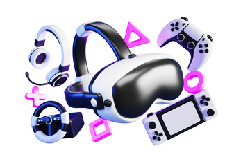 Neon video games on dark 3d background. Virtual reality headset, joystick, headphones, portable console, steering wheel. Realistic vr glasses and controller, render purple web banner © marozhkastudio