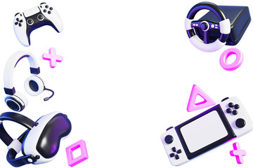 Neon video game devices dark 3d background. VR glasses, joystick controller, portable console, headphones, steering wheel, futuristic button. Metaverse technology render purple banner