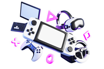 Gaming devices in neon light on dark background. Realistic 3d portable video game console, joystick, vr glasses, steering wheel, computer and flying buttons, render purple web banner © marozhkastudio
