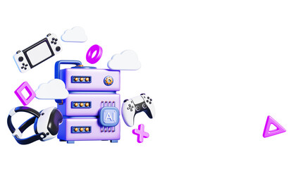 3d cloud gaming banner. Internet media service with computer server, video game joystick, vr glasses, portable console on neon render background. AI technology, data storage system