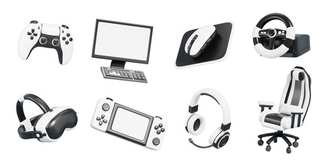 3d set of video game devices cartoon render icon. VR glasses, joystick, portable console, headphones, steering wheel, computer, keyboard, mouse, chair. Isolated electronic gadgets © marozhkastudio