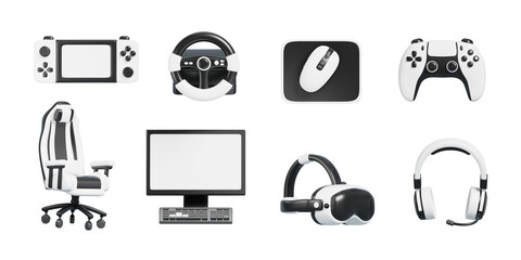 Gamer devices 3d render icon set. Realistic joystick, vr glasses, video game console, headphones, steering wheel, pc, mouse, chair for shop sale, online shopping in cybersport store © marozhkastudio