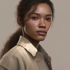 A highly detailed, hyper-realistic close-up portrait of an AI-generated human face. This digital artwork features lifelike skin textures, expressive eyes, and natural lighting.