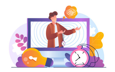 Man performing hypnotherapy session on screen with spiral background, stopwatch, and symbolic icons, flat cartoon style on white background. Concept of therapy. Vector illustration