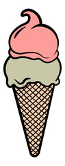 color illustration of ice cream in a waffle cone without background