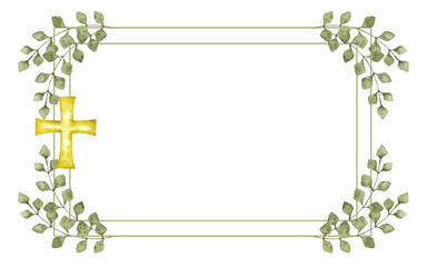 Horizontal frame with green leaves and golden cross. Hand drawn. Template for first communion, confirmation, baptism, wedding greeting cards, invitation, save the date. Copy space. Isolated