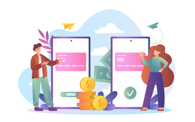 Two people stand by smartphones exchanging money via digital wallets, in a flat cartoon style, on a white abstract background. Concept of online transactions. Vector illustration