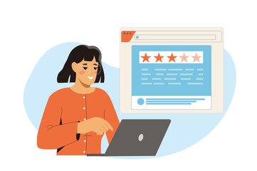 Smiling woman using a laptop while viewing a five-star rating screen on a website interface, flat graphic style, white background, concept of online reviews. Vector illustration