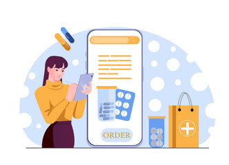 Woman using tablet to order medicine online via smartphone app, modern flat style on white and blue background, concept of digital pharmacy. Vector illustration