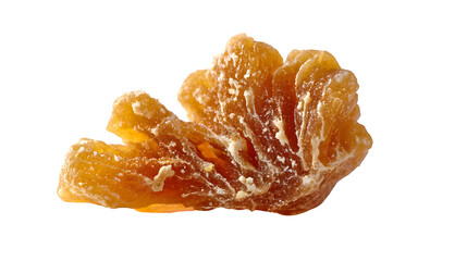 A single, crystallized ginger piece, sugary coating and fibrous texture, macro photography, isolated on white.