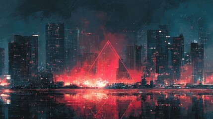 Night cityscape illuminated by vibrant red light.