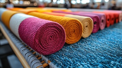 Colorful rolled textiles in a crafty display with vibrant hues and natural textures suitable for home decor