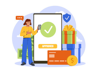 Woman holding smartphone near large screen with check mark and approved message, flat style, on white background. Concept of digital payment success. Vector illustration