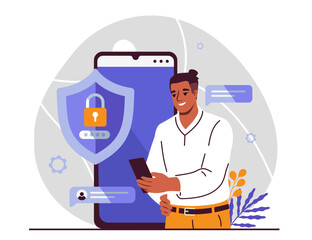 A man using a smartphone with large phone display behind, shield and lock icon showing data protection, modern flat style on abstract background. Vector illustration