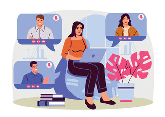 Woman sitting with laptop having virtual meeting with three people on screen windows, flat style, indoors with houseplant and books, concept of remote work. Vector illustration
